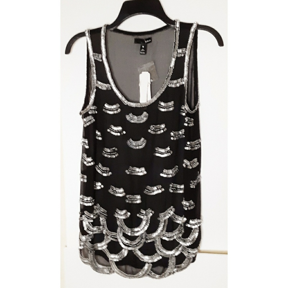 Aqua Beaded Tank Black/‎ Silver Sequin Sz S NWT